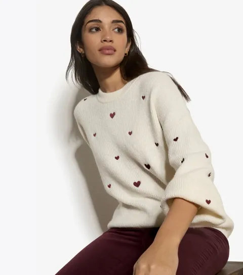 Apricot Women's Cream Knitted Embroidered Heart Oversized Jumper
