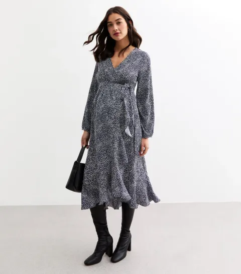Women's Maternity Blue Frill Trim Wrap Midi Dress