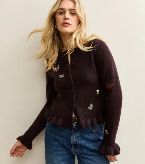 Women's Light Purple Embroidered Butterfly Frill Hem Cardigan