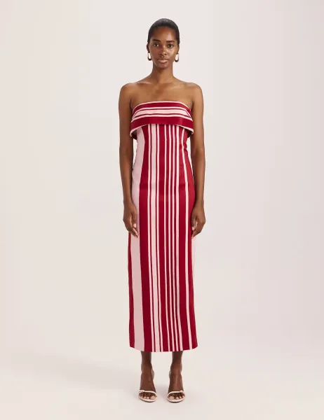 Saba Linen Rich Striped Bandeau Midi Dress Red Mix