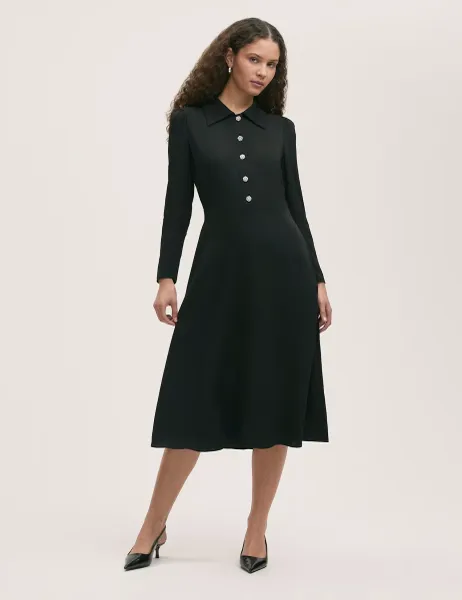 Finery London Crepe Collared Button Detail Midi Shirt Dress Black