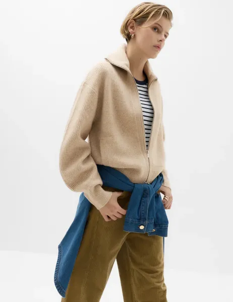 Marks & Spencer Textured Funnel Neck Relaxed Cardigan With Wool Light Beige