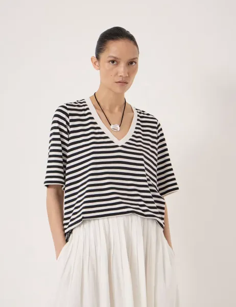 HUSH Cotton Rich Striped Draped T-Shirt Black Mix