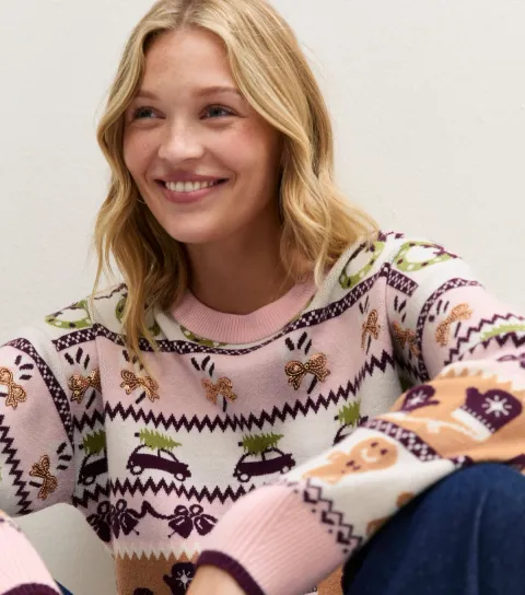 New Look Women's Pink Christmas Pattern Knitted Jumper