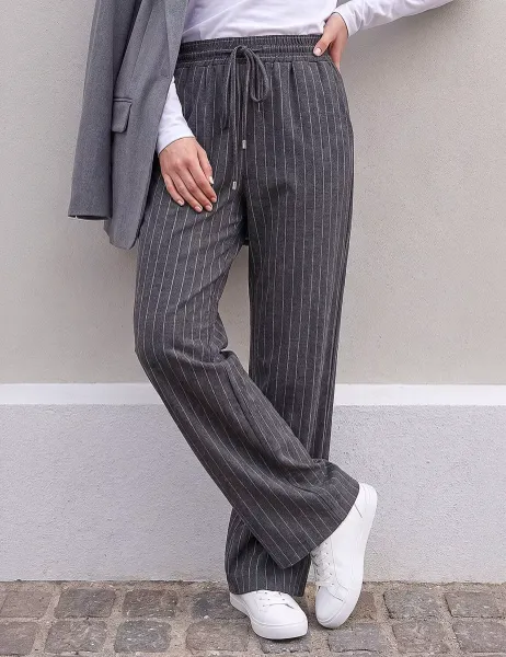 Roman Petite Striped Drawstring Wide Leg Trousers Grey