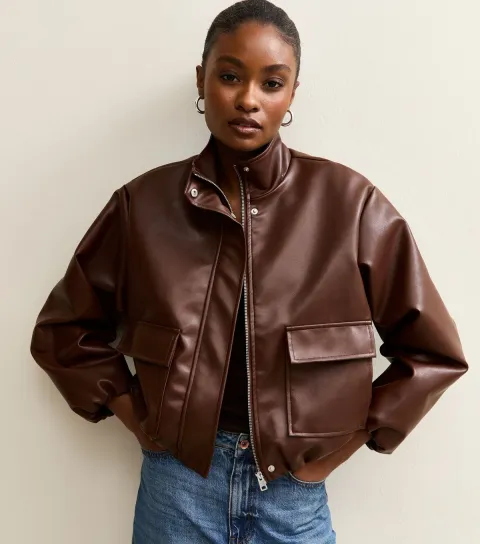 New Look Women's Dark Brown Faux Leather Funnel Neck Bomber Jacket