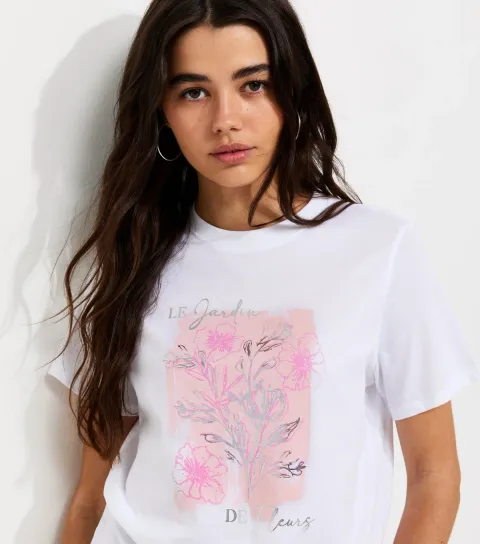 Women's White Cotton Foil Print Jardins Crew-Neck T-Shirt