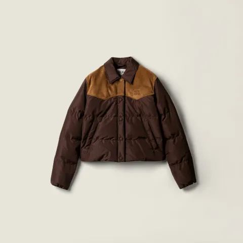 Technical pongé and leather down jacket