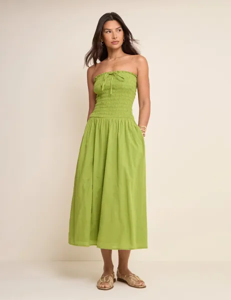 Nobody's Child Pure Cotton Bandeau Midi Shirred Dress Green