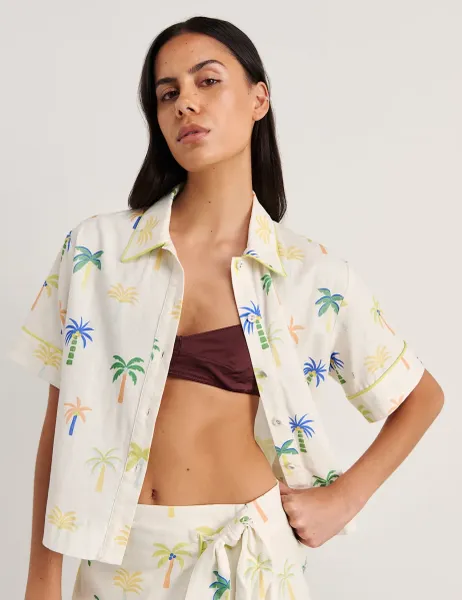 Linen Rich Palm Print Collared Shirt Soft White