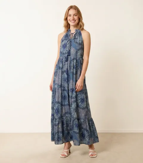 Women's Bright Blue Tiered Tie Neck Maxi Dress