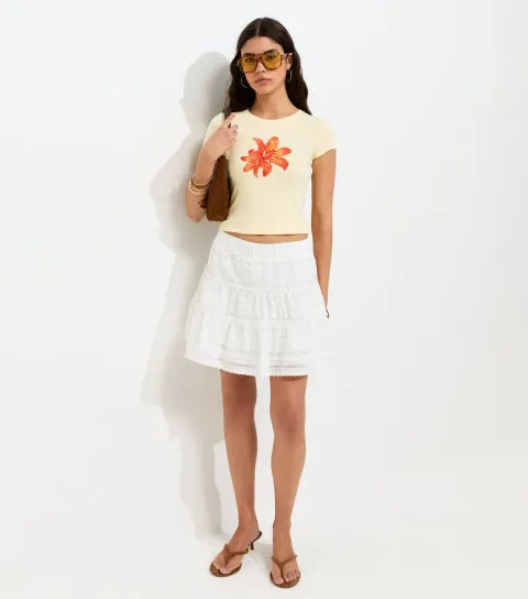 Women's White Cotton Broderie Anglaise Tiered Mini Skirt