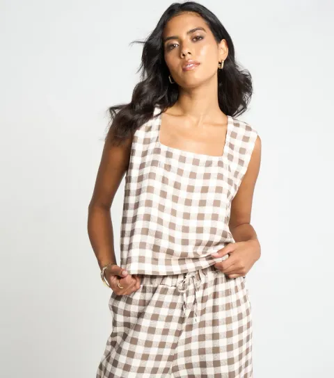 Women's Brown Gingham Square Neck Sleeveless Top