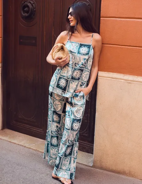 RO&ZO Zodiac Print Drawstring Wide Leg Trousers Light Blue Mix