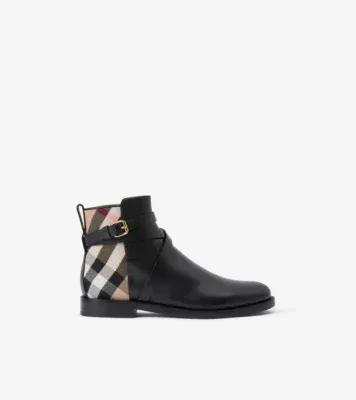 Check and Leather Boots in Black/archive beige