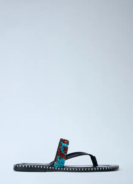 Embellished Whipstitched Leather Sandals