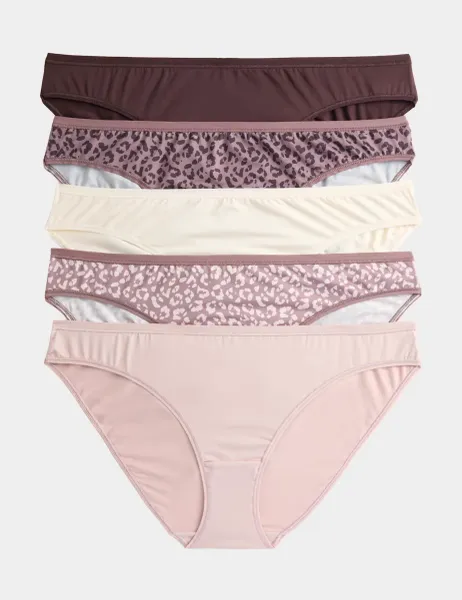 Marks & Spencer 5pk Microfibre Low Rise Bikini Knickers Brown Mix