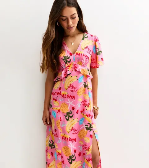 Women's Petite Pink Fruit Print Ruffle Trim Midi Dress