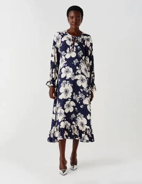Ghost Crepe Floral Keyhole Midi Tea Dress Navy Mix