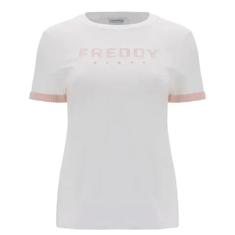 T Shirt with Striped Trim - White + Pink