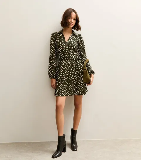 Women's Green Spotty Crinkled Long Sleeve Mini Dress