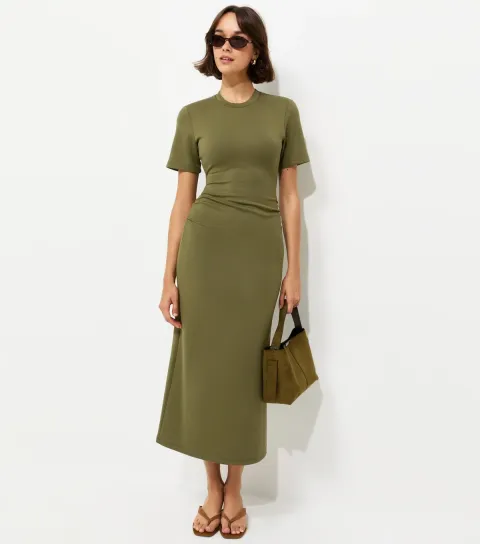 Women's Dark Khaki Ruched Side Short Sleeve Midi Dress