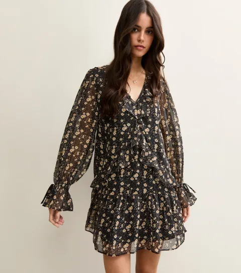 Women's Black Floral Chiffon Frilly Mini Dress