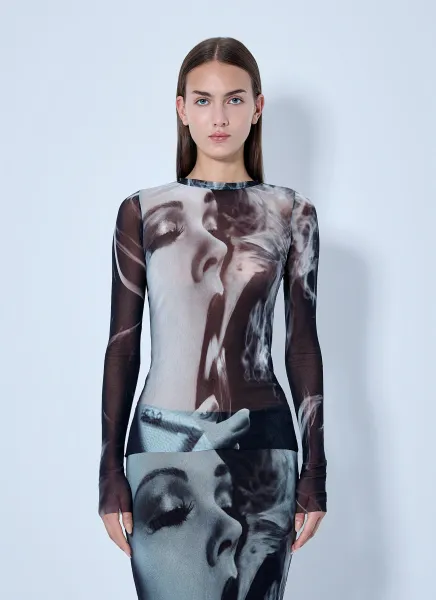 Mesh Printed Smoking Women Long Sleeves Top