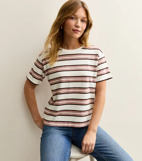 Women's Cream and Pink Striped Boxy T-Shirt