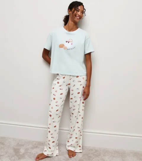 New Look Women's Blue Cotton Tea and Biscuits Print Short Sleeve Pyjama Set