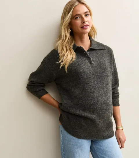 Women's Maternity Dark Grey Midweight Knit Longline Polo Jumper