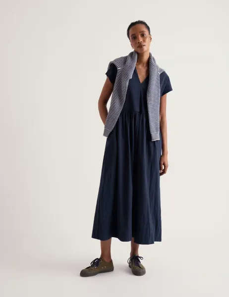 Seasalt Cornwall Cotton Rich Notch Neck Midi Waisted Dress Navy