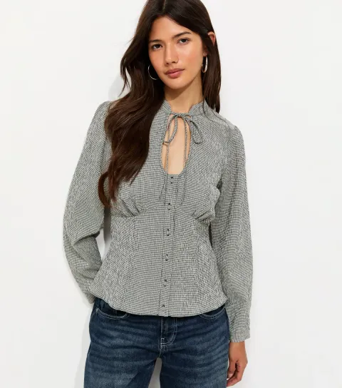 Women's Grey Check Keyhole Long Sleeve Blouse