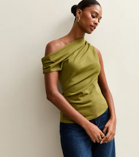 Women's Light Khaki Gathered Off The Shoulder Top