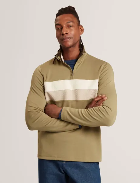Ted Baker Modal Blend Jersey Striped Half Zip Sweatshirt Khaki