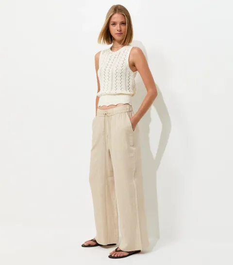 Women's Stone Linen Look Wide Leg Drawstring Trousers