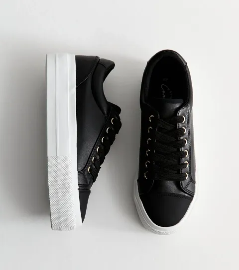 New Look Women's Black Platform Sole Pebbled Faux Leather Trainers Vegan