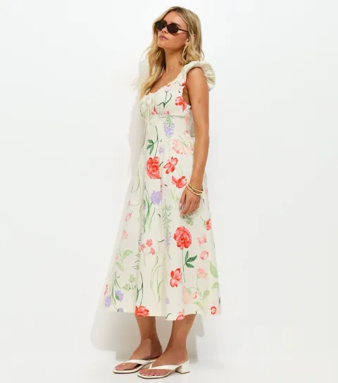 Women's Petite Cream Floral Print Corset Waist Midi Dress