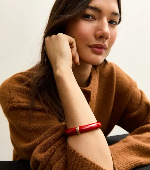 Gold Tone and Red Enamel Hinged Bangle