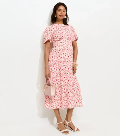 Women's Maternity Pink Floral Print Short Sleeve Midi Dress