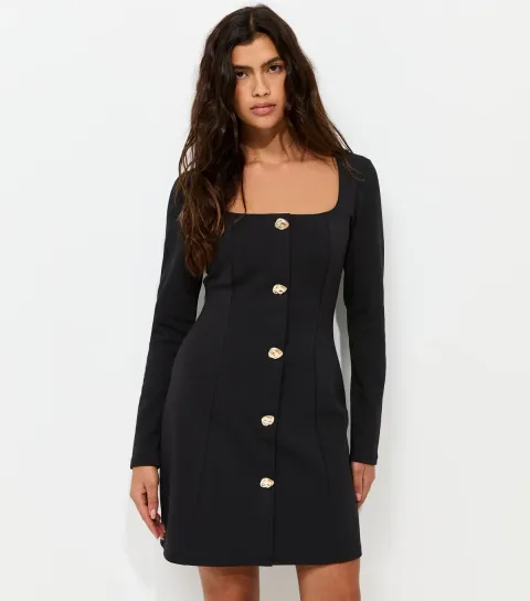 Women's Black Square Neck Long Sleeve Mini Dress