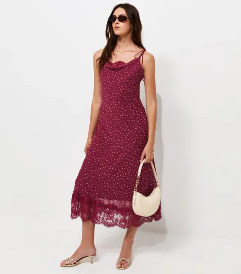 Women's Red Polka Dot Print Chiffon Lace Trim Midi Dress