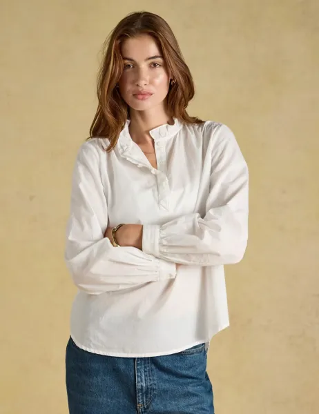 Joules Pure Cotton Ruffle Neck Long Sleeve Blouse White