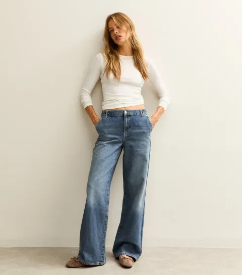 Women's Blue Mid-Rise Elasticated Waist Wide Leg Jeans