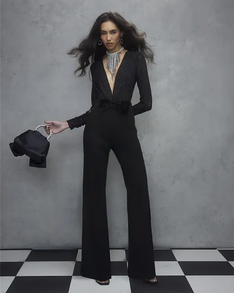 River Island Long Sleeve Diamante Bow Jumpsuit