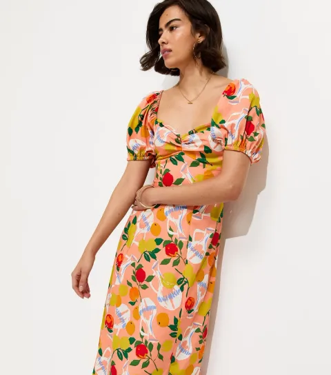 Women's Pink Fruit Print Crepe Midi Dress