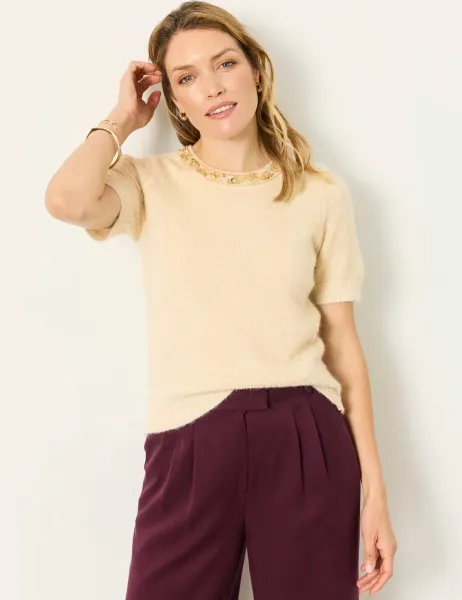 FatFace Embroidered Crew Neck Knitted Top with Wool Ivory