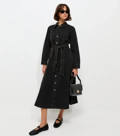 New Look Women's Black Denim Long Sleeve Shirt Midi Dress