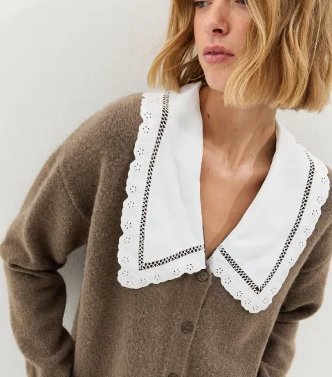 Women's Dark Mink Embroidered Collar Knit Cardigan