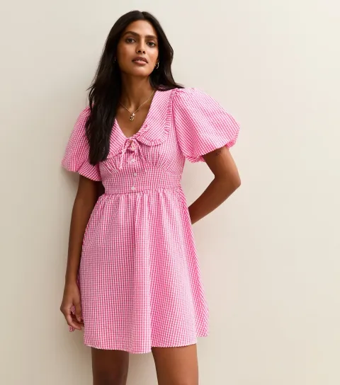 Women's Pink Gingham Crinkle Texture Collared Puff Sleeve Mini Dress